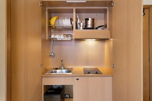 Fridge, microwave, stovetop, electric kettle