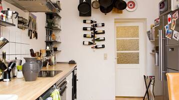 Fridge, ice maker, dining tables