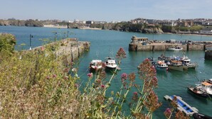 A coastal marina with boats docked, a rocky shoreline, and a cityscape in the background. - Flat 4 (Newquay)