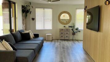 TV connectée, cheminée, livres, imprimantes