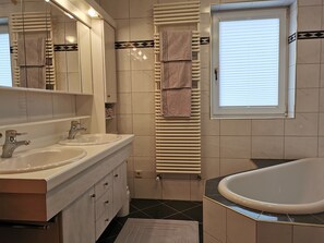 Hair dryer, towels, soap, toilet paper