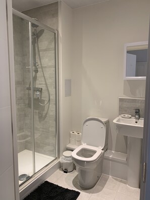 Hair dryer, towels, soap, shampoo