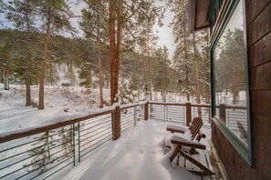 Une terrasse en bois avec une rambarde en métal, un sol recouvert de neige et une vue sur une forêt.
