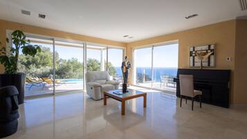 TV connectée, cheminée, lecteur de DVD, livres