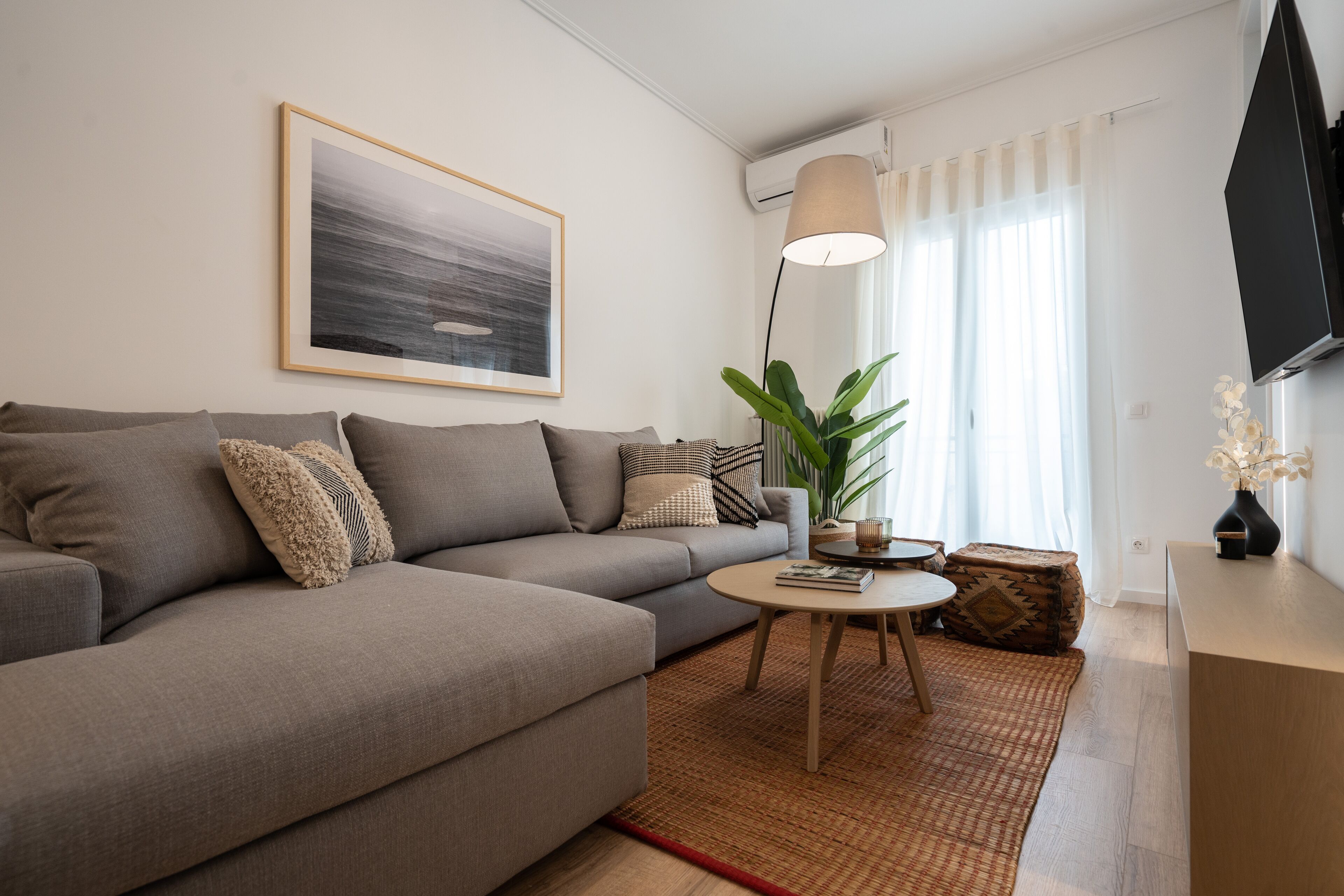 A modern living room with a grey sofa, a round coffee table, a large plant, and a framed picture on the wall.