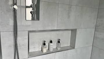 Hair dryer, towels, soap, shampoo