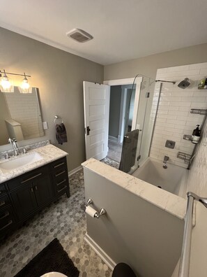 Hair dryer, towels, soap, shampoo