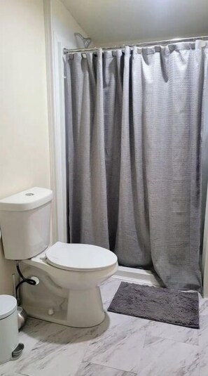 Shower, hair dryer, towels, shampoo