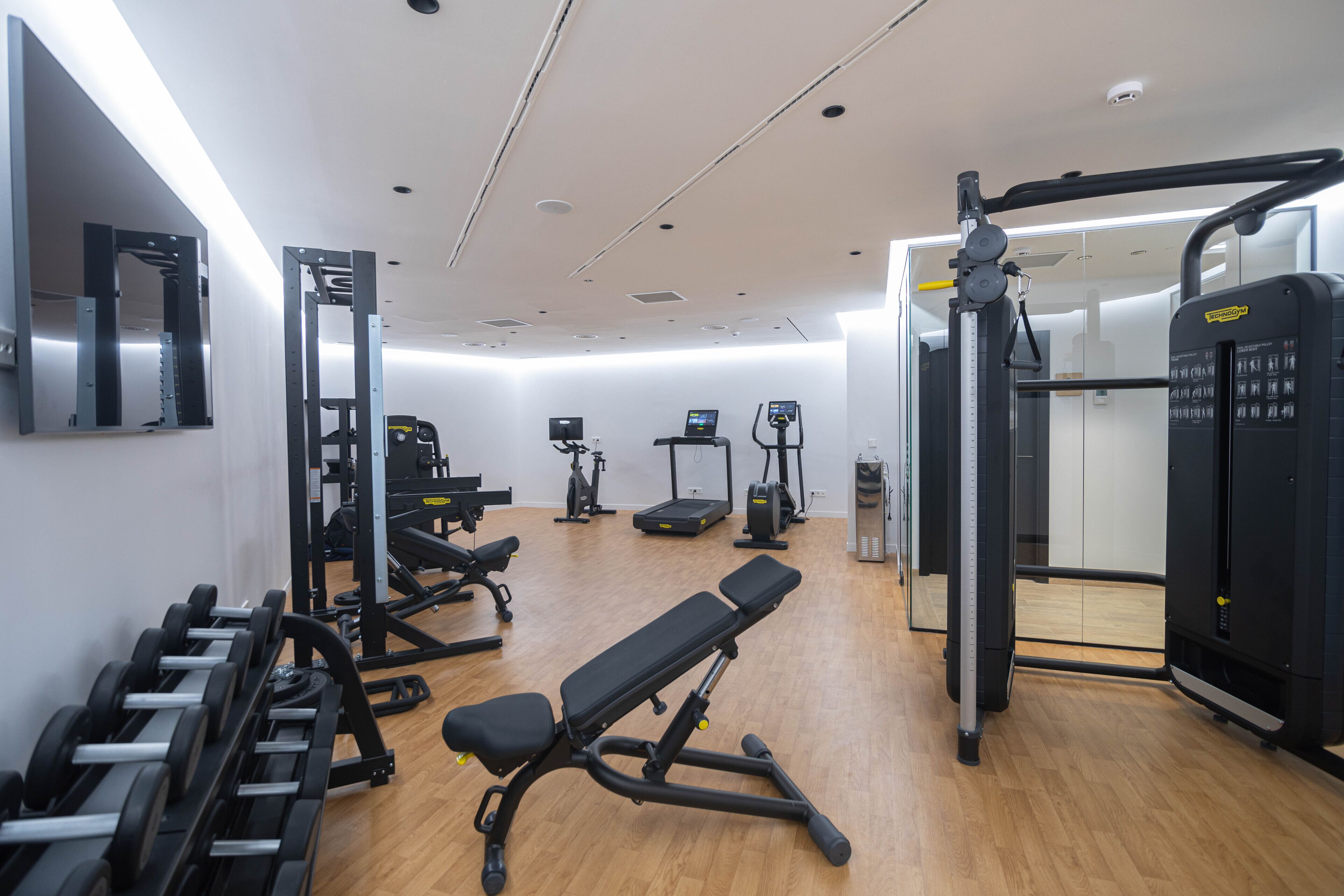 Un gimnasio moderno con diverso equipamiento de ejercicio, como mancuernas, bancos y máquinas de cardio.