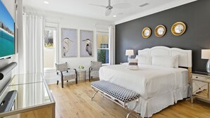 Une chambre d’hôtel moderne, dotée d’un grand lit, d’un bureau, d’une banquette et offrant une vue sur la plage par la fenêtre.
