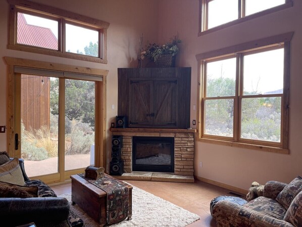 Flat-screen TV, fireplace, books, stereo