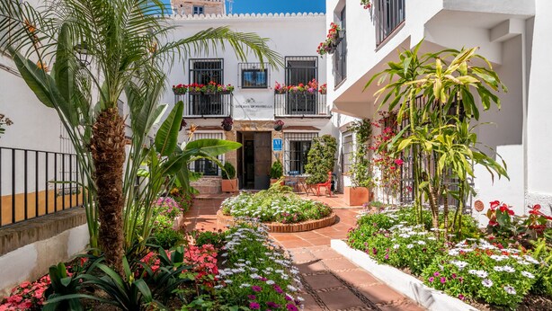 A courtyard with a central pathway, surrounded by lush greenery and flowering plants. - Dreams of Marbella (Marbella)