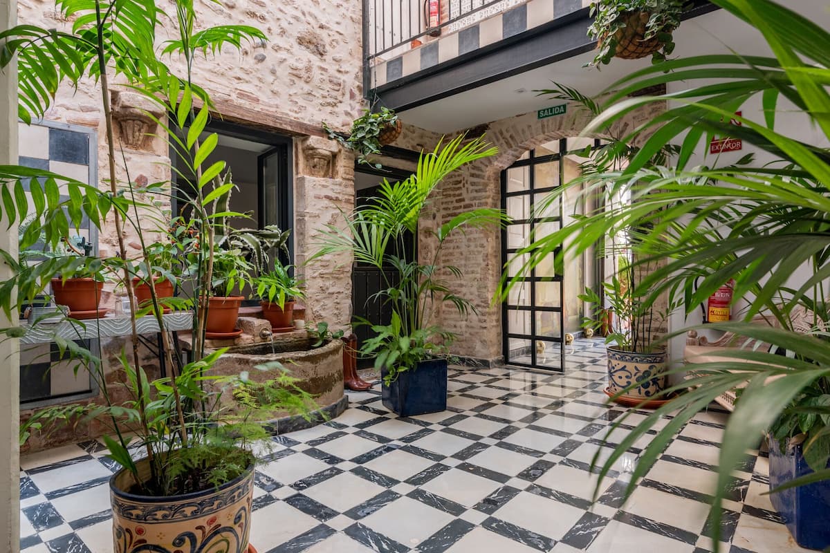 Une cour avec un sol à carreaux, des plantes en pot et un mur de pierre.