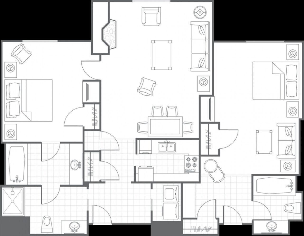 Un plan d’étage d’un hôtel comprenant plusieurs chambres, une cuisine et un espace repas.