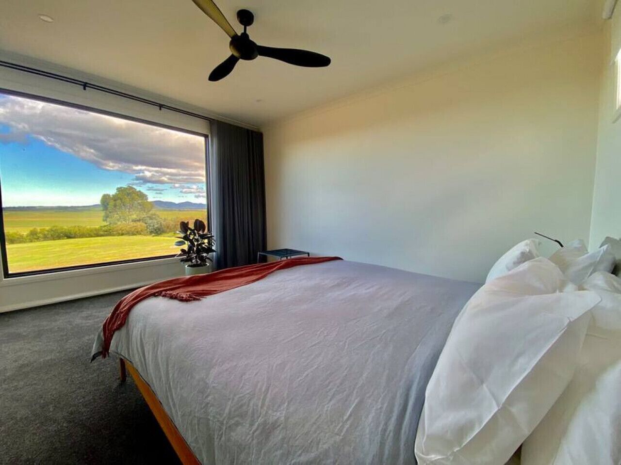 A bedroom with a bed, a ceiling fan, a window with a view of a landscape, and a red throw blanket.