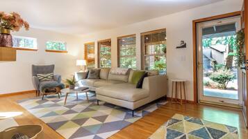 Smart TV, fireplace, books