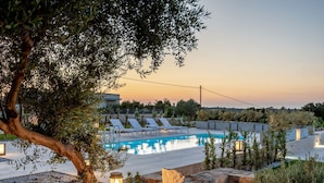 A rooftop pool with lounge chairs, surrounded by olive trees and a stone wall. - Aelia - Vacation house with private pool in Kounoupidiana, Crete (Kounoupidianá)