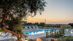 A rooftop pool with lounge chairs, surrounded by olive trees and a view of the sunset. - Iris - Vacation house with private pool in Kounoupidiana, Crete (Kampáni)