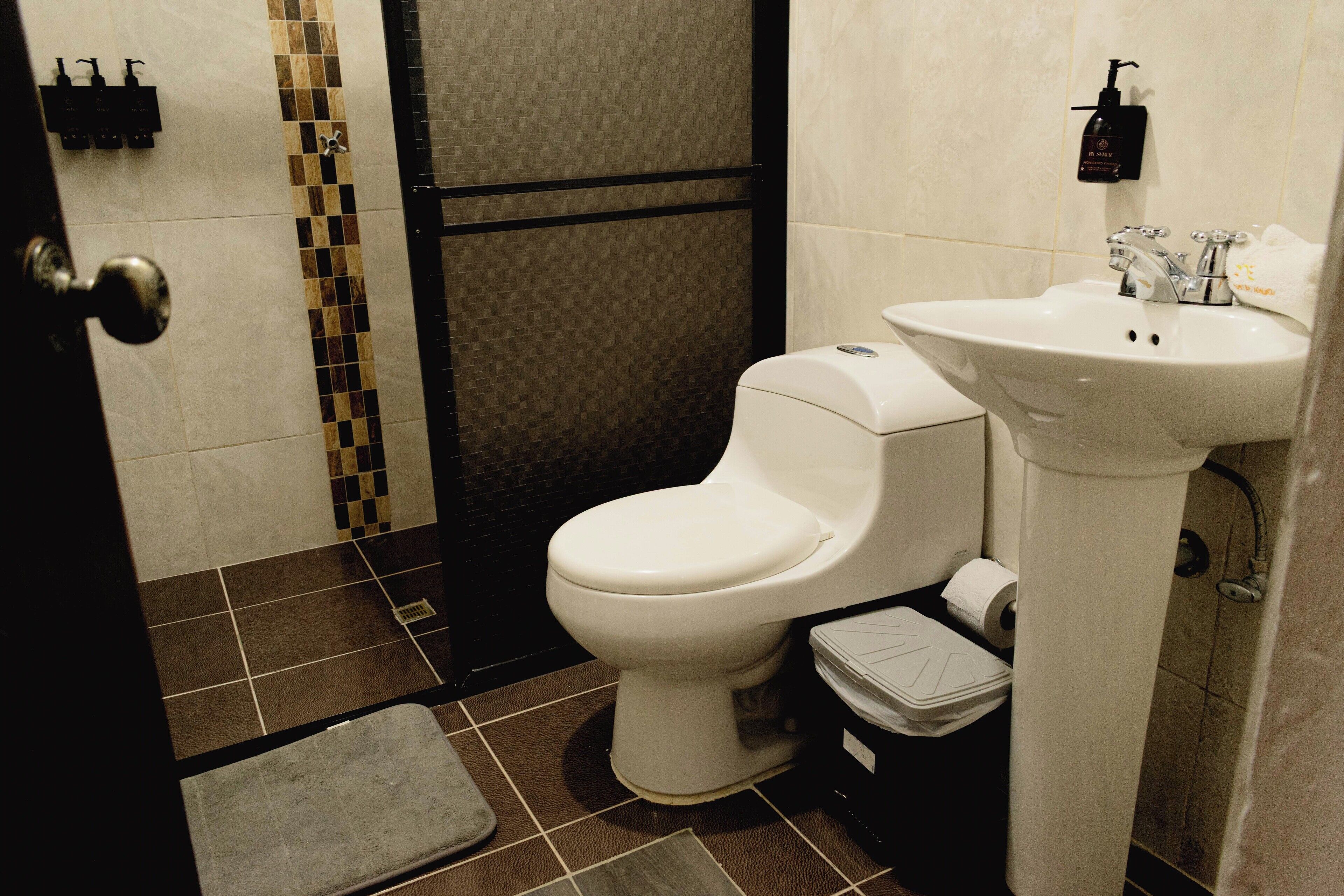 Un baño con inodoro, lavamanos y zona de ducha.