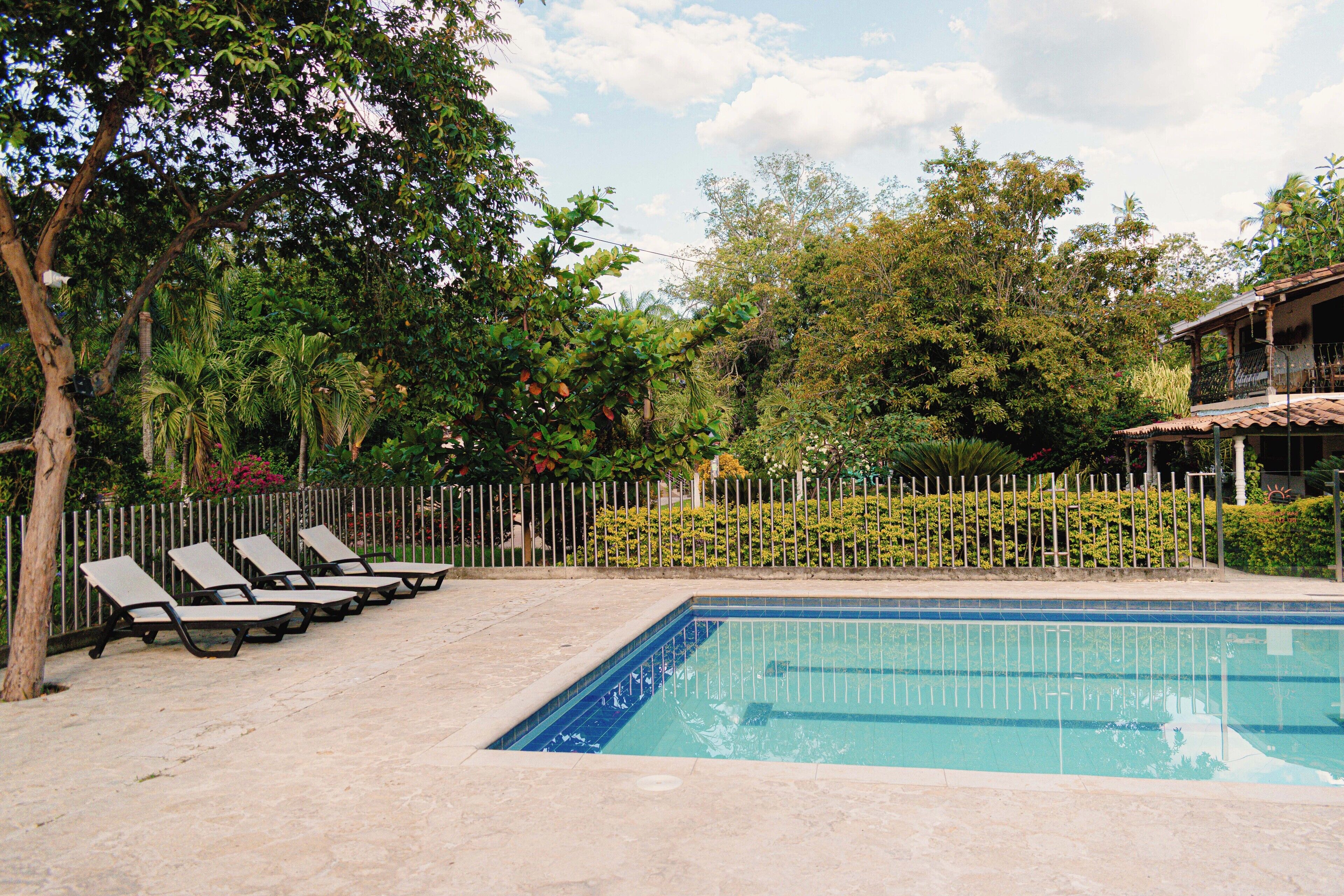 A swimming pool with lounge chairs and a fenced area with trees and bushes.