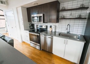 Fridge, microwave, oven, stovetop
