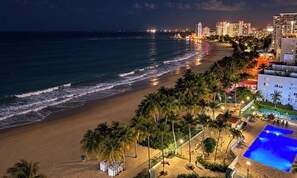 A beachfront hotel with a swimming pool, palm trees, and a view of the ocean and city skyline.