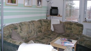 A living room with a patterned sofa, a small table with a remote control, and a television on a stand. - Haus Oseleck, vacation home with 4 apartments and common room with wood-burning stove (Korenov)