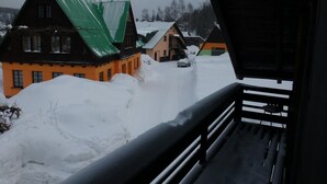 A snowy village with traditional houses and a car on a snow-covered road. - Haus Oseleck, vacation home with 4 apartments and common room with wood-burning stove (Korenov)
