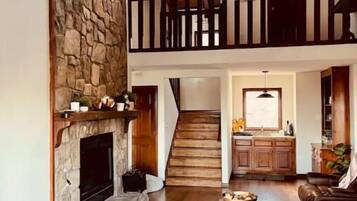 Smart TV, fireplace, DVD player, books