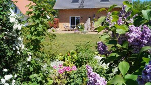 A house with a tiled roof, a visible window, and a door. There is a lawn area with a chair and a table. - Fantastic FH, terrace, fireplace, close to the Baltic Sea, Bodden view (Fuhlendorf)