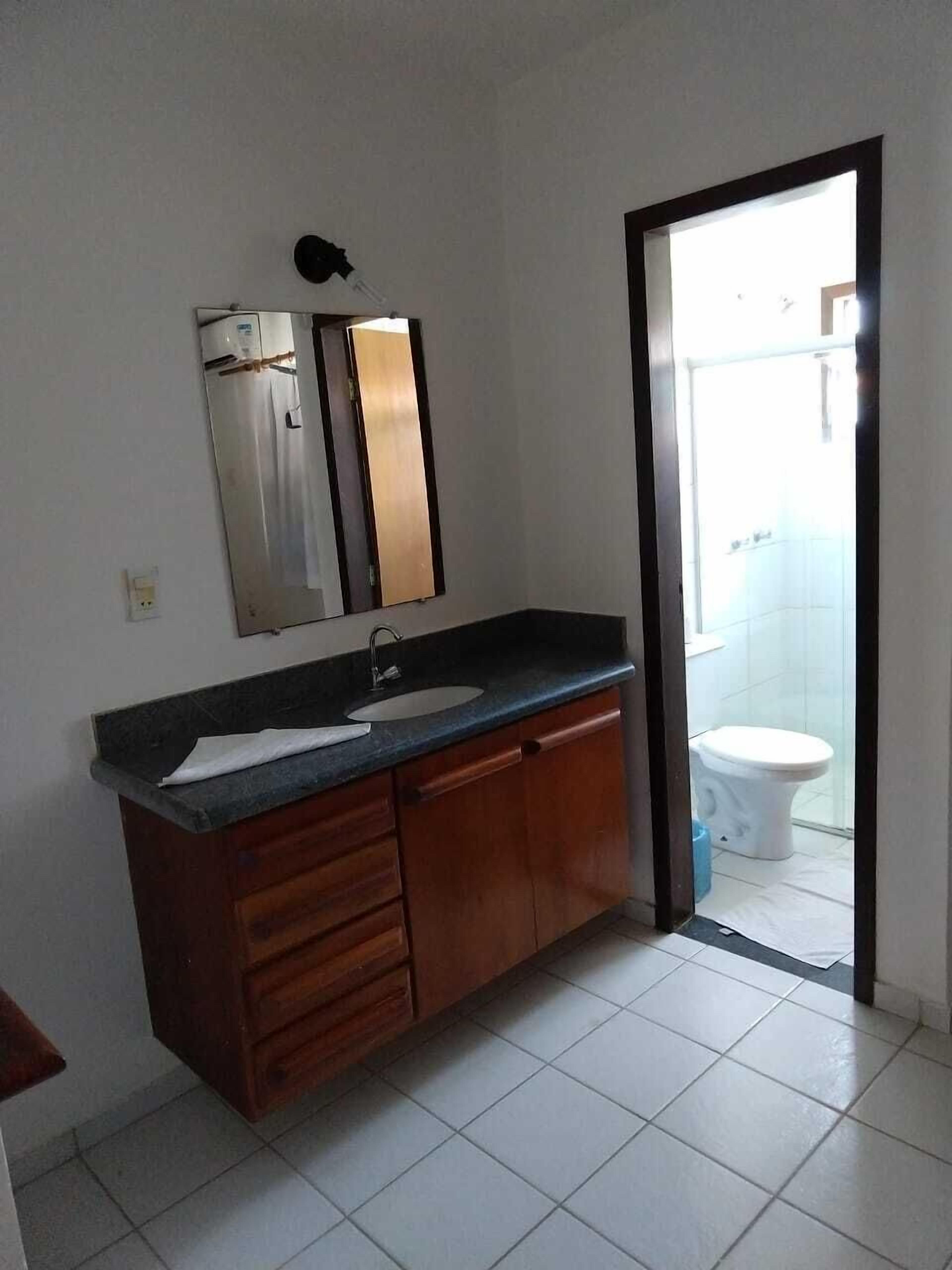 Un bagno con un mobile bagno in legno, un lavandino, uno specchio e un water.