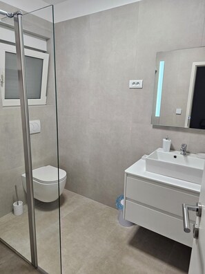 Douche, séchoir à cheveux, serviettes fournies, savon