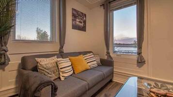 Smart TV, chimenea, reproductor de DVD y oficina