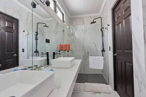 Shower, hair dryer, towels