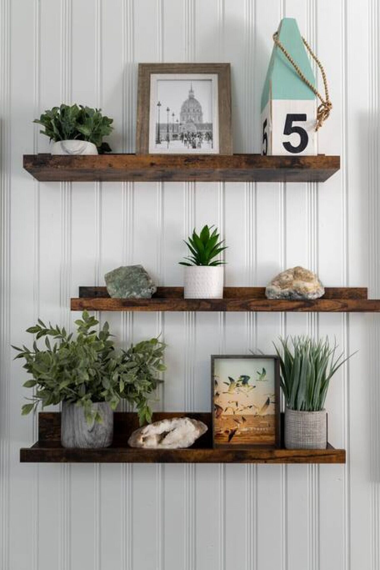 Trois étagères en bois adossées à un mur blanc à panneaux, chacune contenant divers objets décoratifs, comme des plantes, des pierres et des photos encadrées.