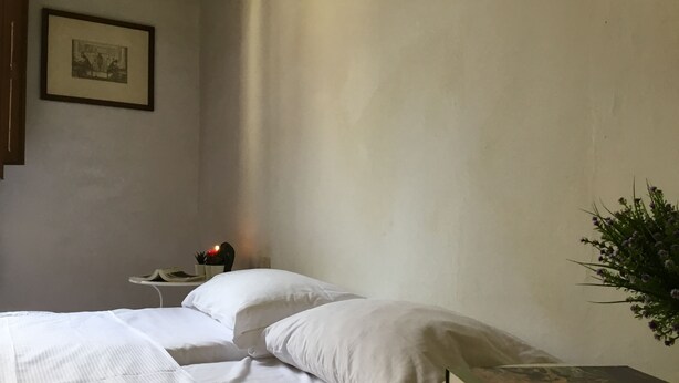 A bedroom with a bed, a bedside table with a lamp, a framed picture on the wall, and a potted plant.