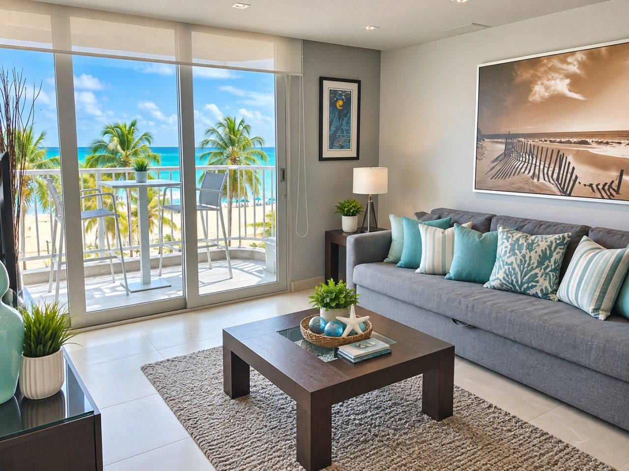Ein modernes Wohnzimmer mit einem grauen Sofa, einem Couchtisch mit Dekoration und Blick auf den Strand durch große Schiebetüren.