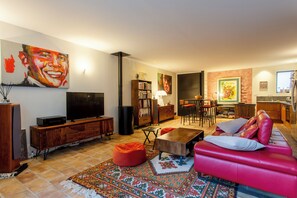 Télévision, cheminée, lecteur de DVD, livres