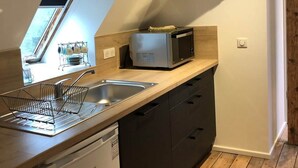 A compact kitchen with a built-in dishwasher, a microwave, and a sink.