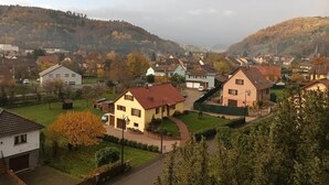 A residential area with houses, a street, and a hilly backdrop.