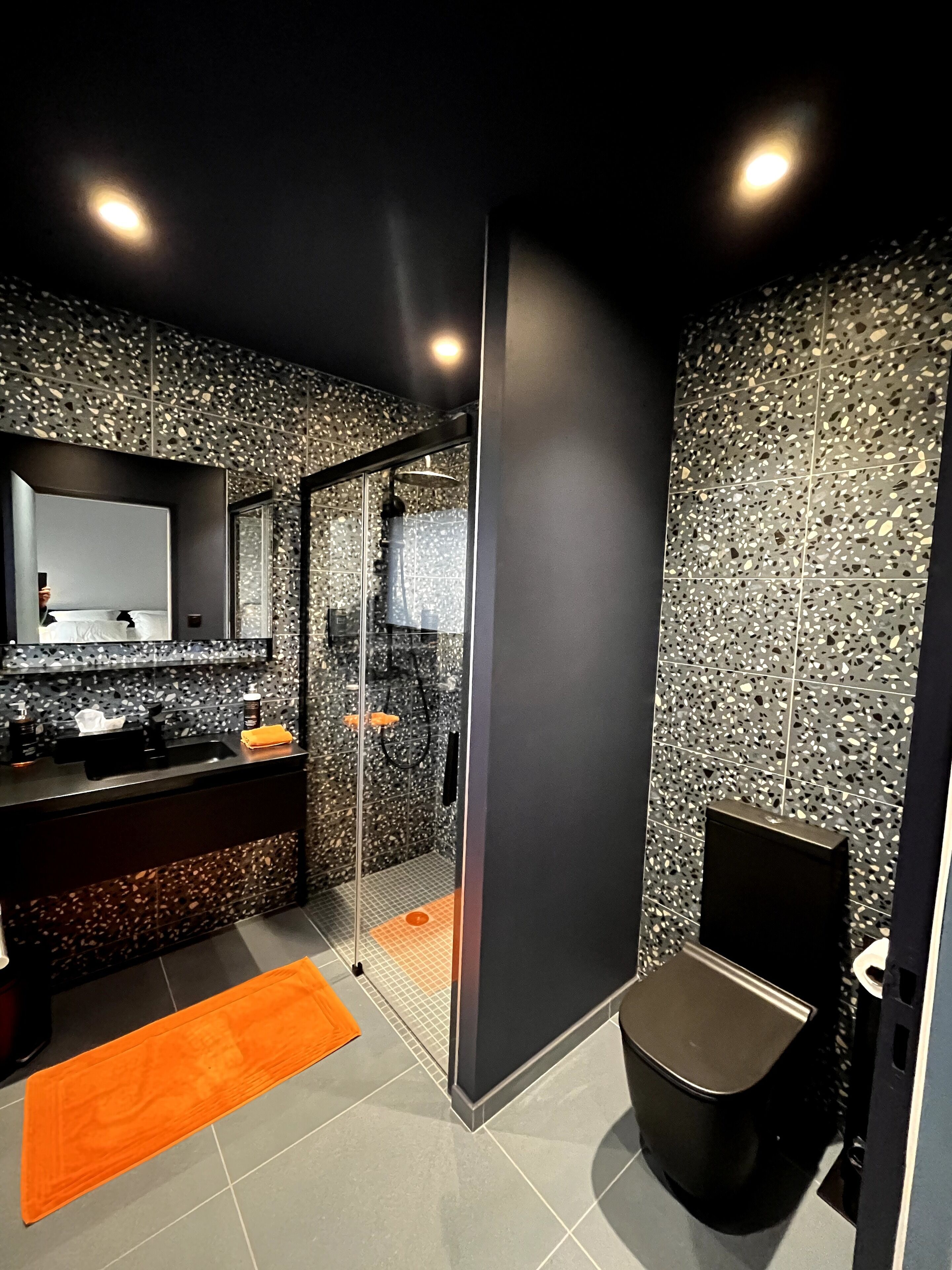 Un baño moderno con ducha de vidrio, inodoro negro y lavamanos con espejo.