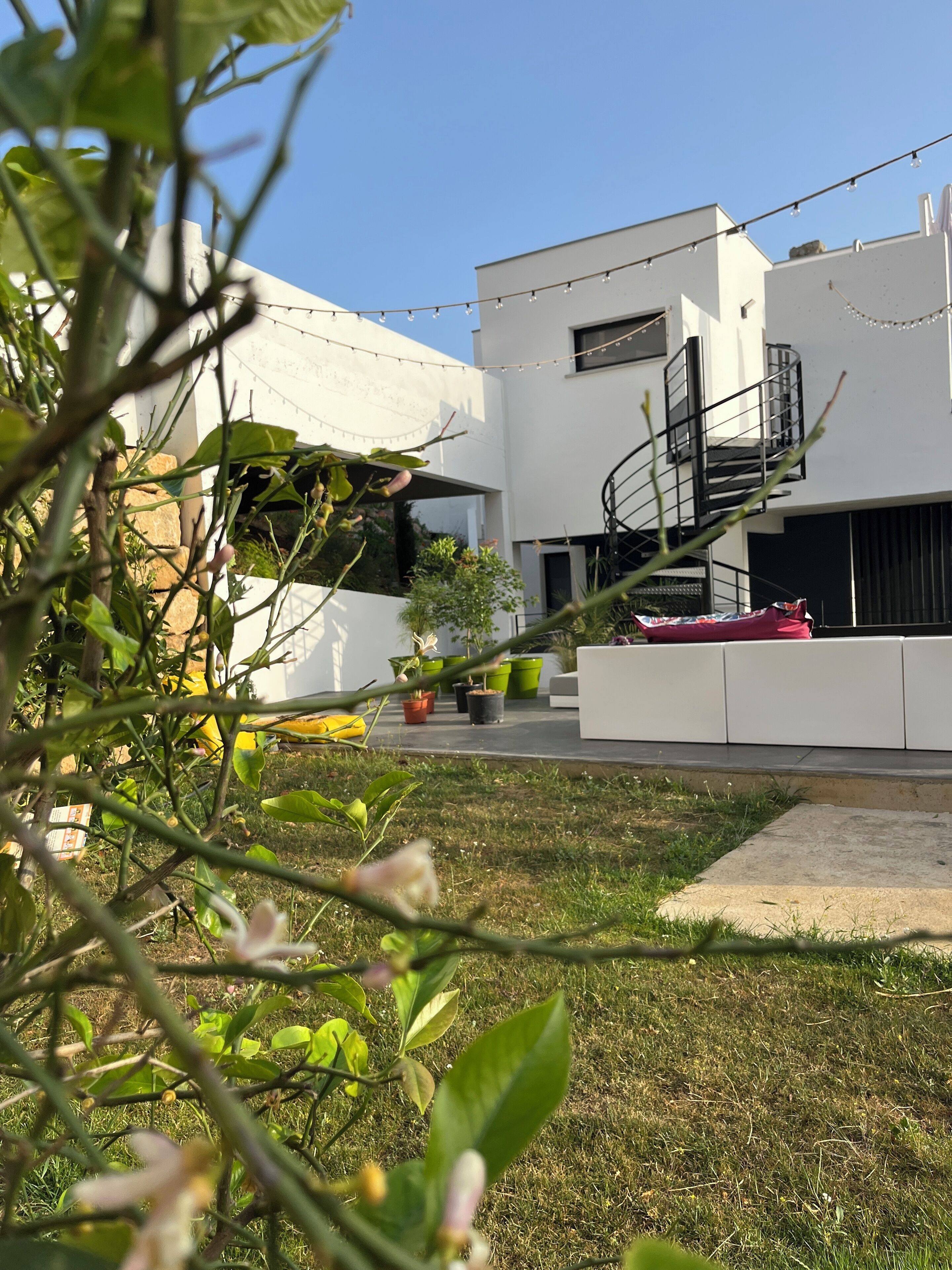 Un edificio moderno con fachada blanca, una escalera en espiral y plantas en macetas al frente.
