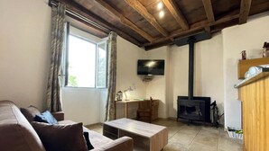 A cozy living room with a sofa, a coffee table, a TV, a fireplace, and a window with curtains. - BELAZKABIETA - ESPELETTE (ESPELETTE)