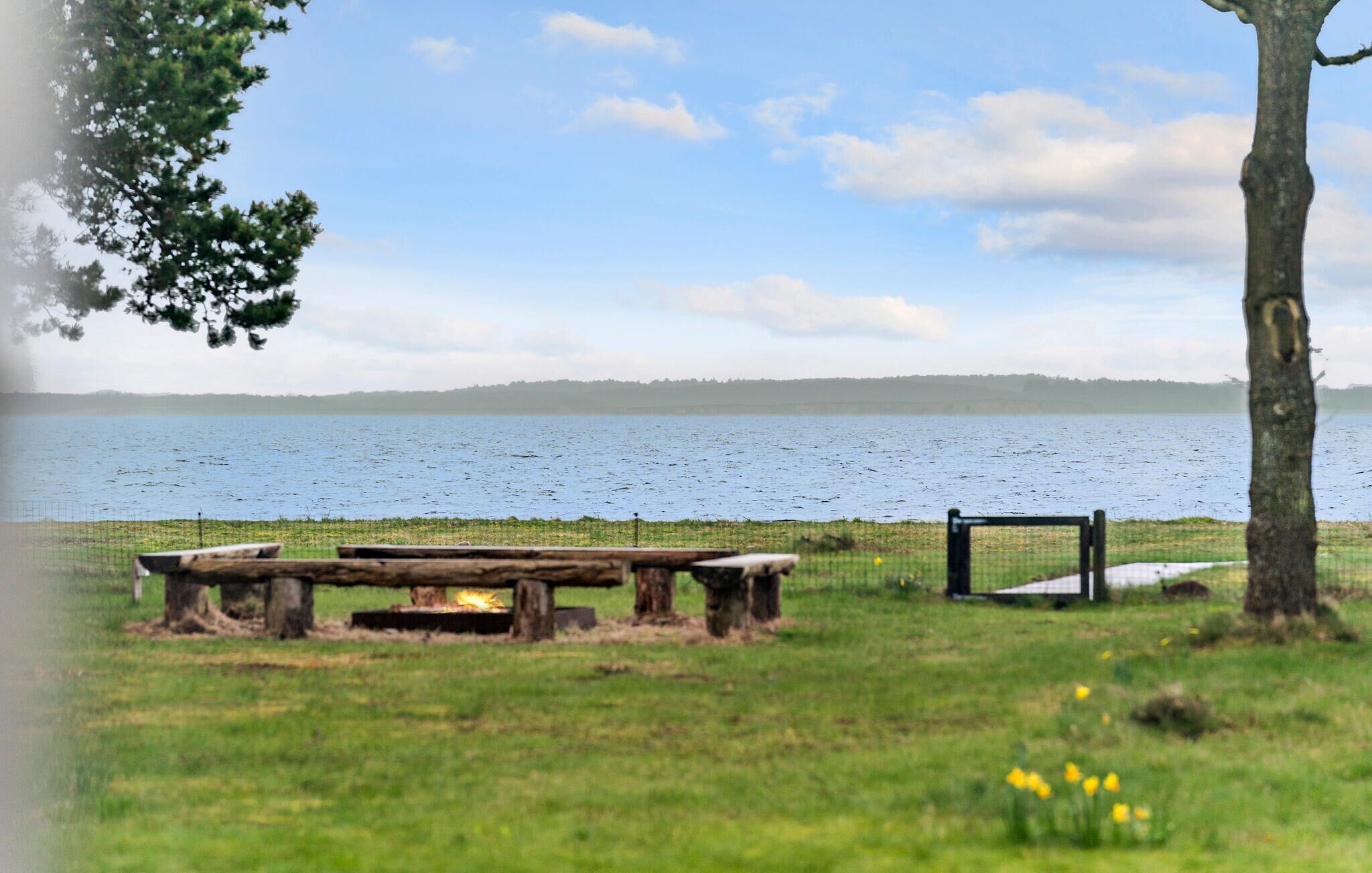 Zona de picnic junto al lago con bancos y una mesa, rodeada de árboles y una valla.