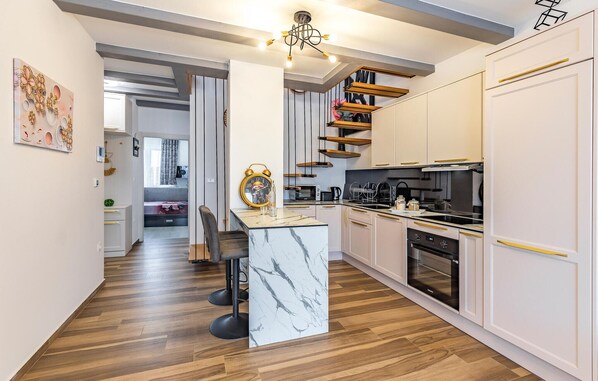 Fridge, stovetop, dishwasher, coffee/tea maker