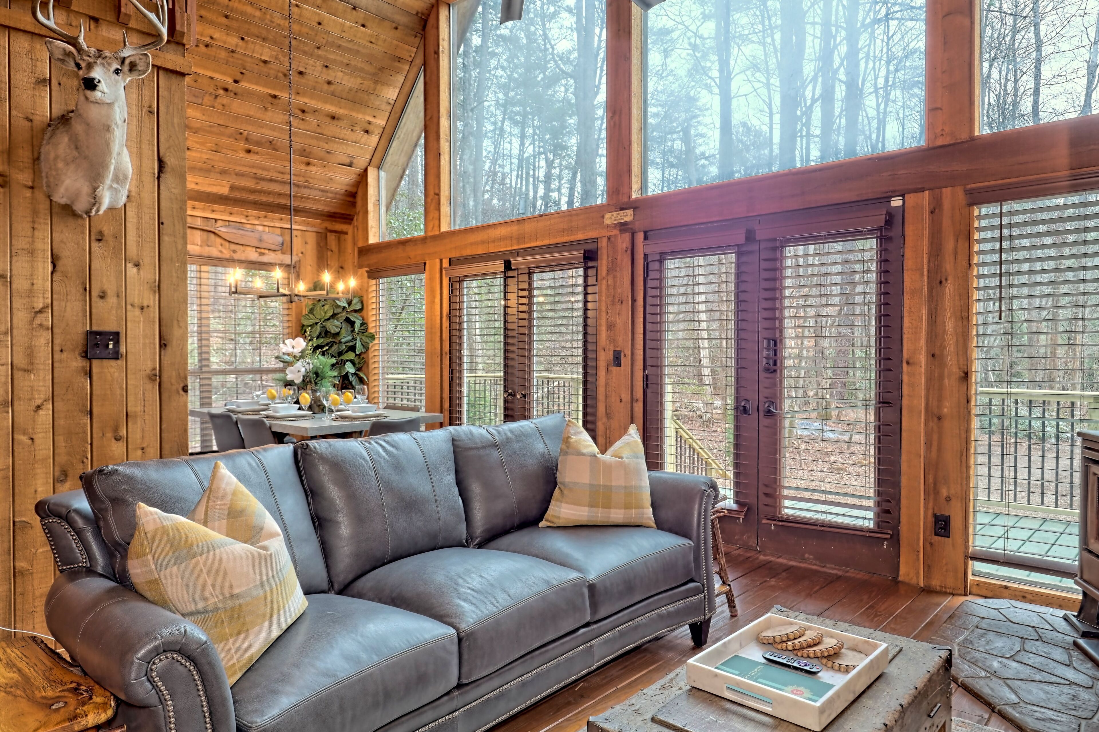 Smart TV, fireplace, books, offices