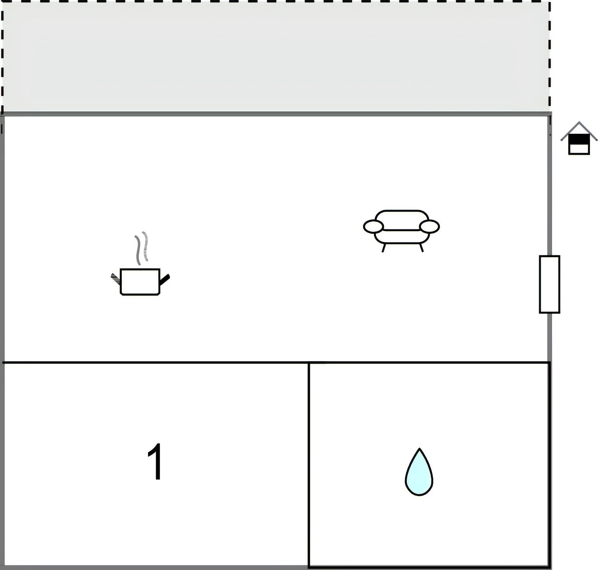 Disposizione di una stanza con un letto, una poltrona, un termosifone, una porta e un'icona a forma di goccia d'acqua.