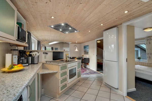 Fridge, stovetop, dishwasher, coffee/tea maker