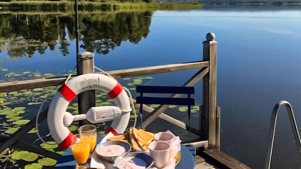 Une table avec des aliments pour le petit-déjeuner et un gilet de sauvetage sur un quai, au bord d’un lac paisible.