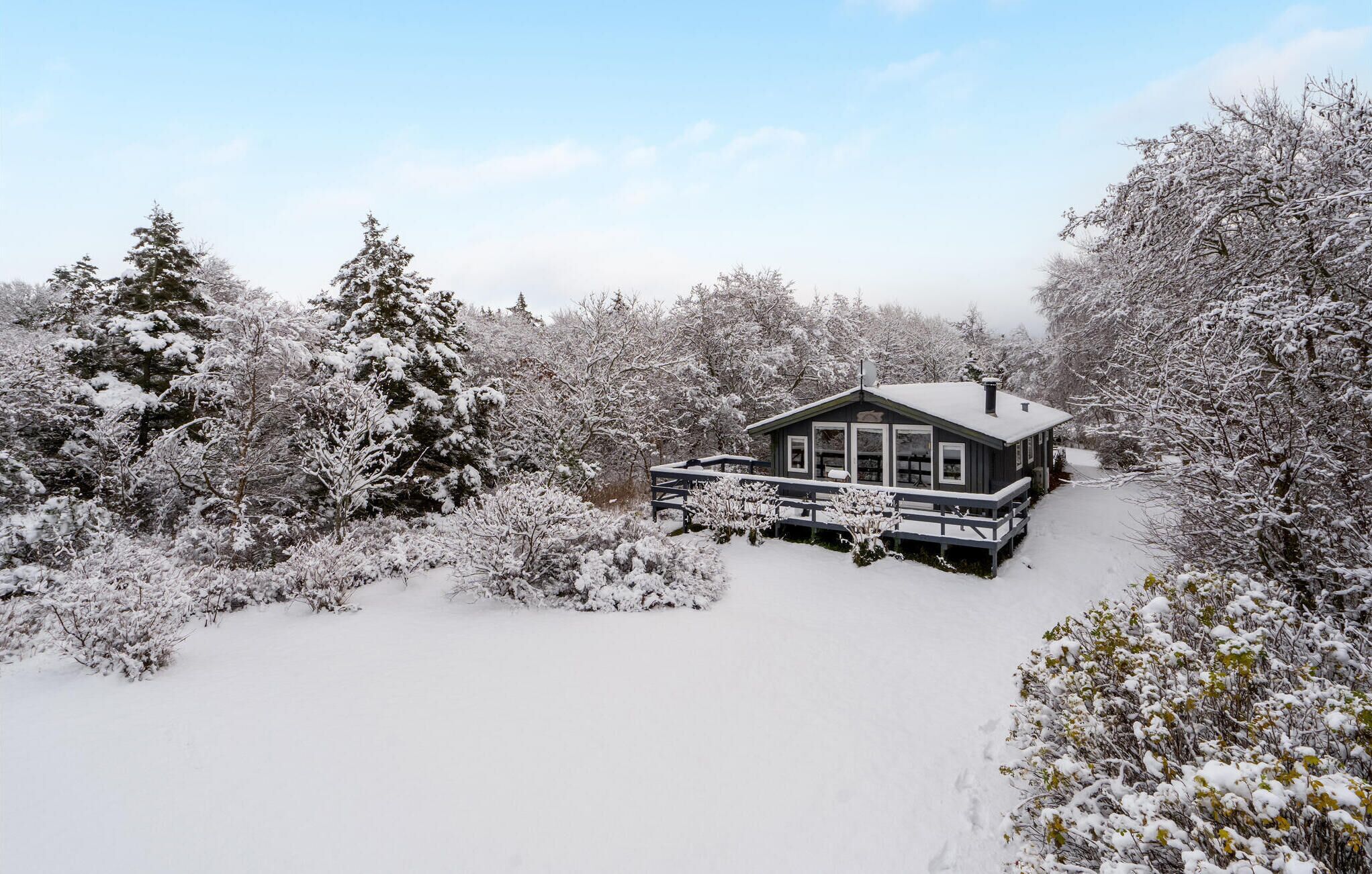 A cabin surrounded by snow-covered trees.